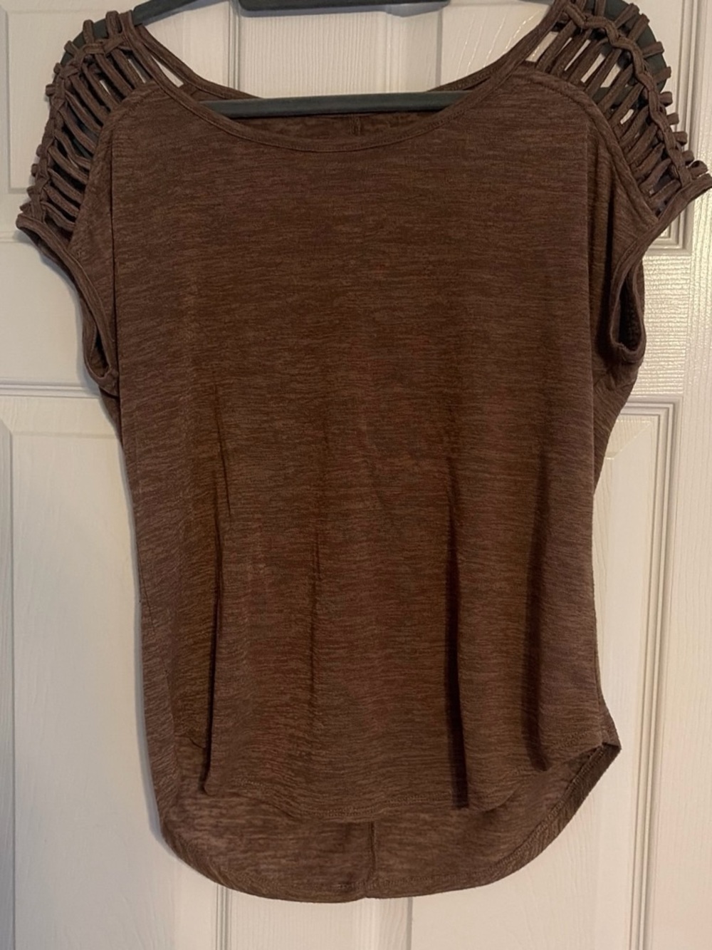 Women’s Brown Short-Sleeve Top with Macramé Shoulder Detail